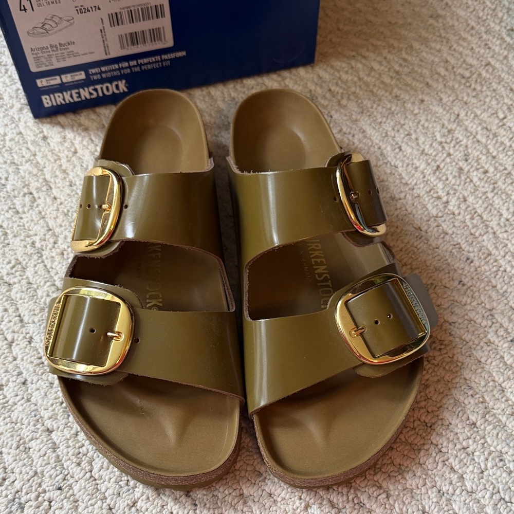 Birkenstock High-Shine Mud Green Arizona Big Buckle Slide Sandals - Picture 7 of 7